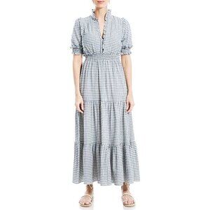 Max‎ Studio Womens Plaid Smocked Tiered Maxi Dress Blue White Size Small New